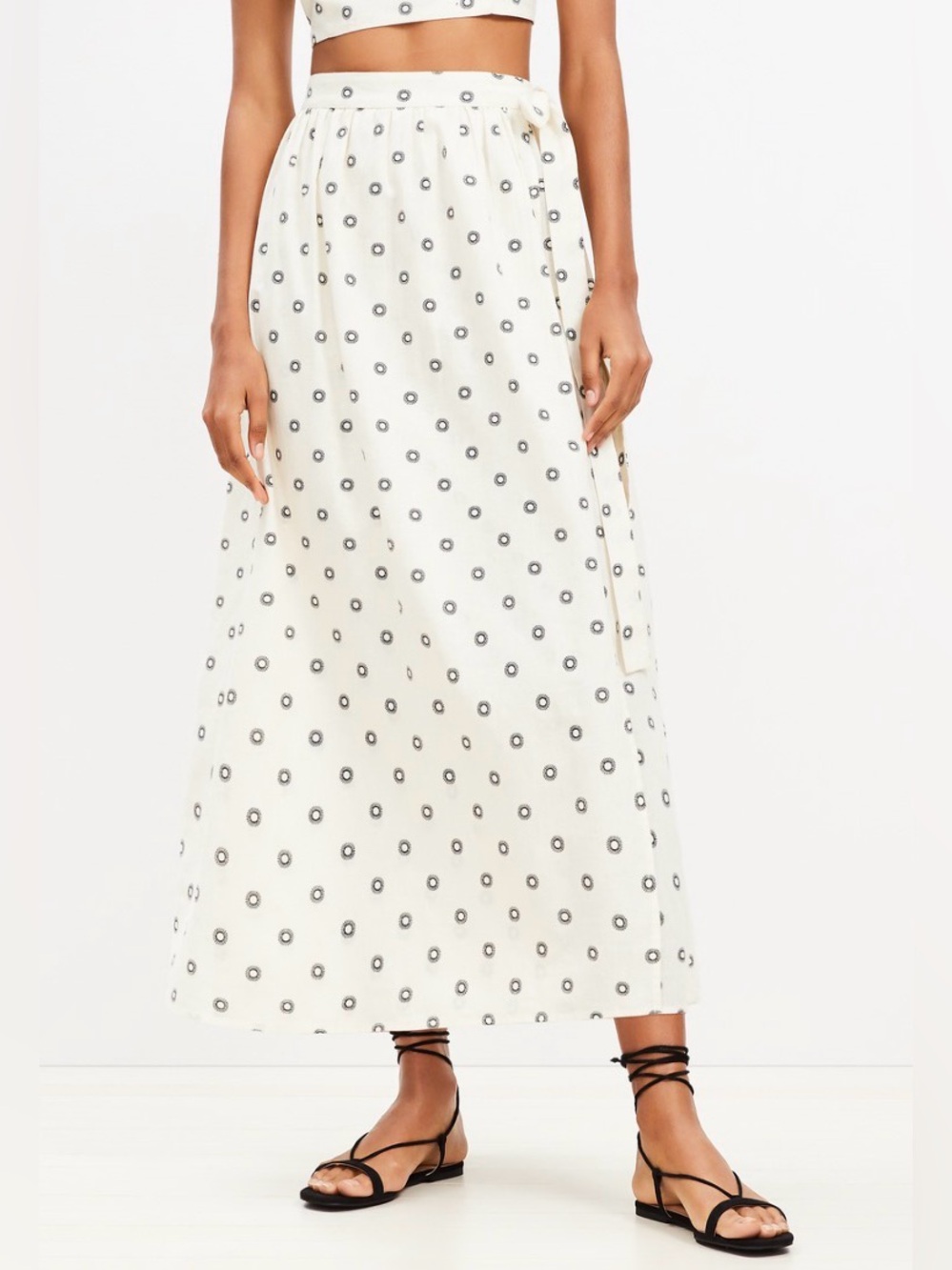 LOFT Beach Linen Cotton Blend Cream Black Polka Dot Wrap Maxi Skirt Size Small